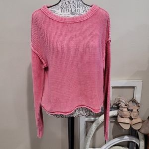 American Eagle Womens SZ XS Oversized crop Cotton Knit Sweater‎ distressed Pink